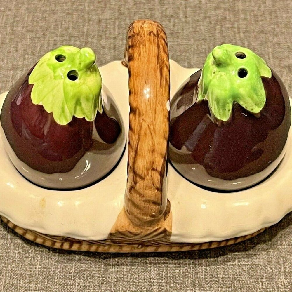 Vintage Eggplant Salt & Pepper shaker set with basket holder
